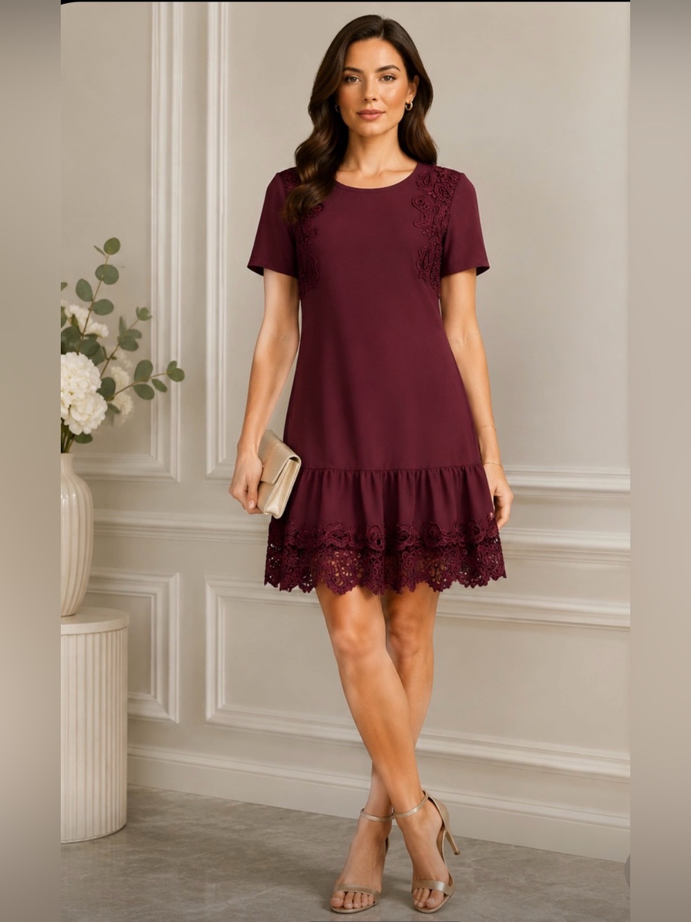 Divided Lace Trim Short Sleeve  Dress in Burgundy